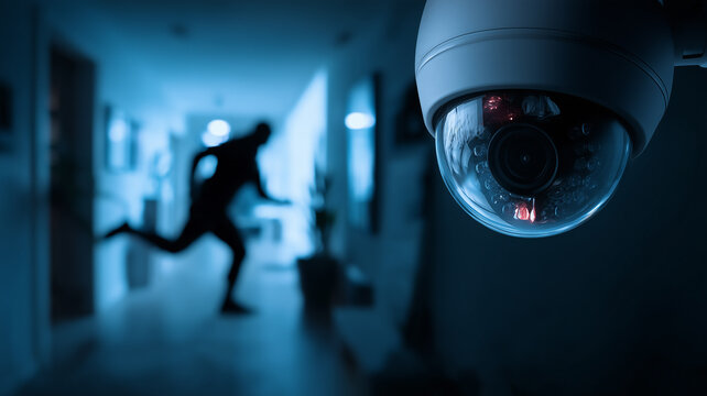 Dome camera observing a hallway with a fleeing intruder, representing crime prevention, real time detection, and the deterrent strength of modern surveillance systems.
