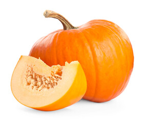 Whole and cut ripe pumpkins isolated on white