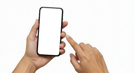 Hand holding smartphone with blank screen for mockup. Finger touching empty display. Isolated on transparent background, png