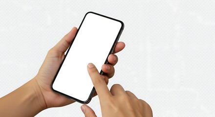 Hand holding smartphone with blank screen for mockup. Finger touching empty display. Isolated on transparent background, png