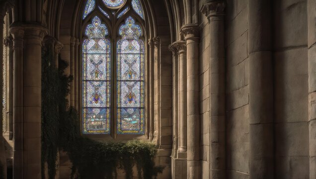 Interior of a cathedral with stained glass windows and stone columns.