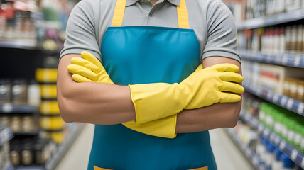 Confident store clerk in apron and gloves ready to work hard and keep everything spotless, offering a sense of cleanliness and reliability