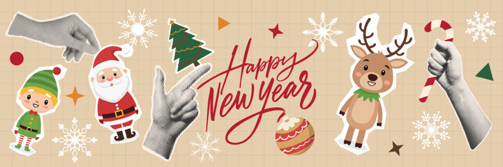 Holiday collage composition with Christmas items and hands. Contemporary Christmas background banner. Dods. Vector EPS10