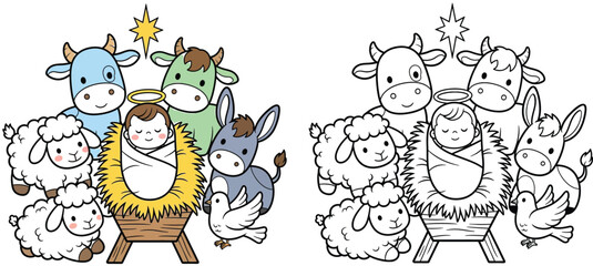 Cute Baby Jesus Nativity Scene with Animals - Christmas Celebration Coloring Page