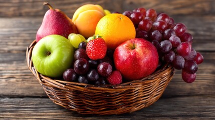 A wicker basket filled with a variety of fresh fruits, including apples, pears, grapes, and strawberries, placed on a wooden table with a rustic background.