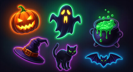 Fototapeta premium Halloween Icons Set Glowing Neon Style.