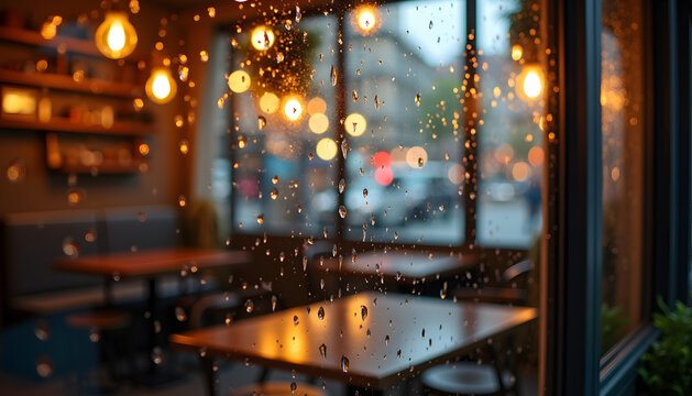 Raindrops on a cafe window with warm lights and blurred city background