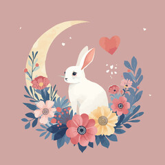 Vector design of A whimsical vector illustration featuring a delicate rabbit surrounded by vibrant flowers under the soft glow of a crescent moon, accompanied 