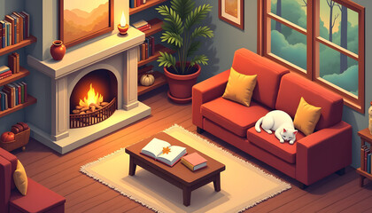 Cozy living room scene with a fireplace, books, and a sleeping cat