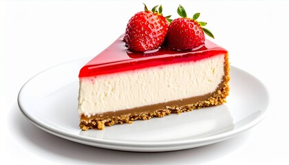 Close-up of a slice of cheesecake topped with glossy red caramel and fresh strawberry, isolated on white background. Perfect for dessert advertising, cafe menu, or food packaging design