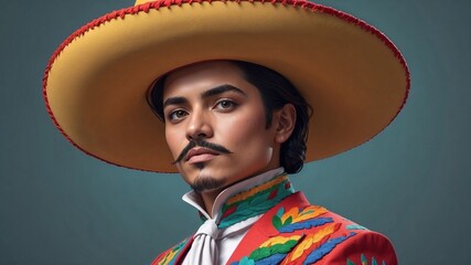 Mexican man in traditional outfit with a large sombrero and colorful embroidery on a solid background