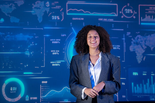 Data scientist or business analyst presenting key performance indicators (KPIs) on a futuristic dashboard UI. - Powered by Adobe