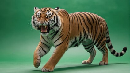 Obraz premium Majestic Bengal tiger prowling with intensity against a vibrant green backdrop.