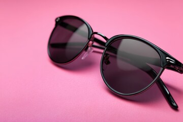 Stylish Black Sunglasses on a Vibrant Pink Background for Fashion and Lifestyle Concepts