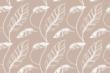 Elegant seamless leaf line art pattern in white on soft beige background, perfect for modern wallpaper, textile, fabric, wrapping, and minimal home decor design projects.