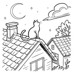 Halloween Vector illustration of Hand-drawn vector drawing of a Cat On The Roof At Night. coloring page