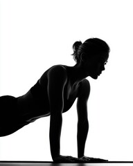 Fototapeta premium Strong Woman Silhouette Performing Push-Up in Backlit Studio Setting for Fitness Concept