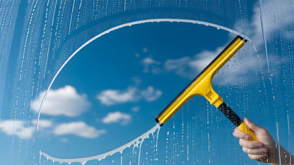 Bright blue sky revealed as squeegee cleans glass, offering a fresh, clear view for a home improvement project or spring cleaning promotion