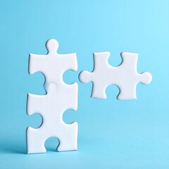 White jigsaw puzzle pieces connecting on a blue background, symbolizing teamwork, problem-solving, and finding a solution
