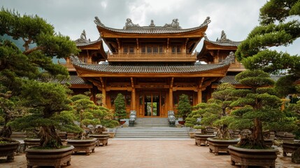 Obraz premium Stunning Traditional Architecture Surrounded by Lush Bonsai Trees Against a Dramatic Sky