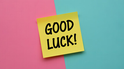 Wish them well with a vibrant yellow sticky note saying "Good Luck!" on a trendy teal and pink background for a modern, cheerful message