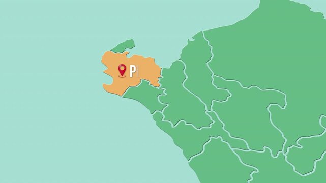 Mapa de Per&uacute; con divisi&oacute;n pol&iacute;tica resaltando el departamento de Piura