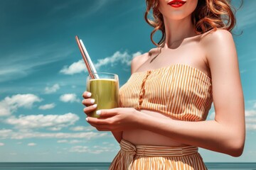 Close-up photo of a woman holding a green juice glass with a straw on a beach, on a sunny summer day, with a light and blurred background