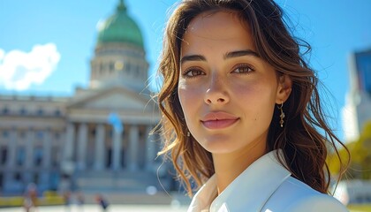 Woman outdoors, city background
