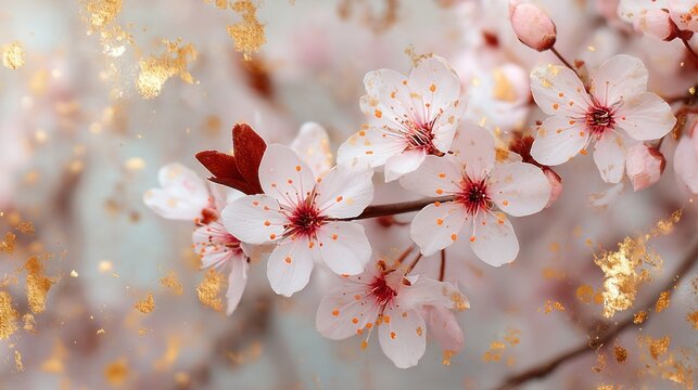 Cherry blossoms with golden leaves, pink petals, and a blurred background
