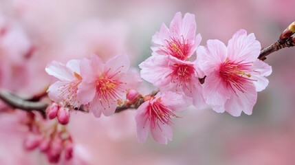 Closeup of delicate pink cherry blossoms on a branch in spring