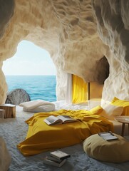 A bedroom in the shape of an open cave on white sand with yellow bed sheets and pillows featuring a window showing a sea view and rocks inside