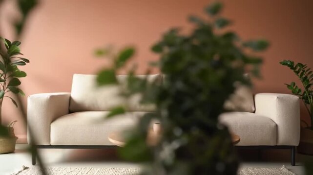 Minimalist living room with a beige sofa and round wooden coffee table.