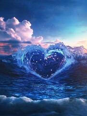 A heart shaped wave in the ocean with blue and white colors sparkling stars and pink clouds in the sky for valentine day wallpaper with wide angle view