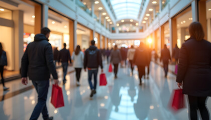 Fototapeta premium People shopping in a modern mall with bright sunlight and red shopping bags
