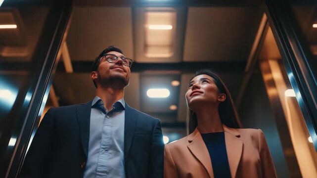 Business people looking up inside elevator