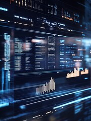 Abstract digital data visualization of bar charts and graphs on a futuristic screen with code lines against a cyber technology background in close up view