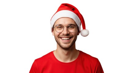 Happy young man wearing santa hat and red shirt celebrating the holiday season festive spirit isolated on white background