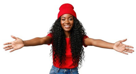 Young black woman with long dark hair wearing red beanie spreading arms wide in welcome isolated on white background
