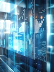 Digital background featuring financial graphs and data visualizations on glass screens creating an atmosphere of advanced stock market analysis with cool blue tones