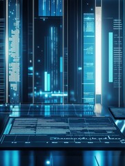Digital background featuring data visualization charts and graphs on glass panels with blue lighting creating an advanced technology atmosphere for financial or tech products