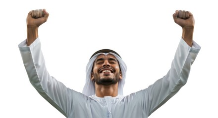 Man in traditional arabic clothing celebrates with raised fists exuding joy and success isolated on white background