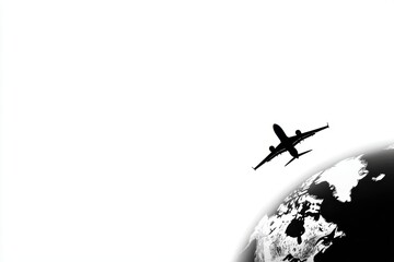 Airplane Flying Over Earth Globe in Dramatic Black and White Illustration Concept