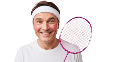 Young man with headband holds badminton racket ready to play sport isolated on white background