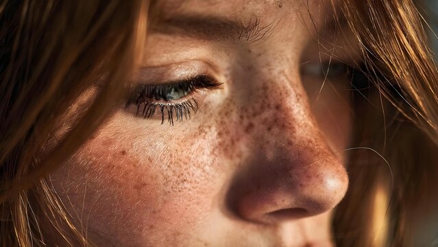 Close-up of a freckled face, focusing on a blue eye with long lashes and a prominent nose, bathed in warm light. Concept Freckled close-up, Blue eye detail, Long lashes, Prominent nose