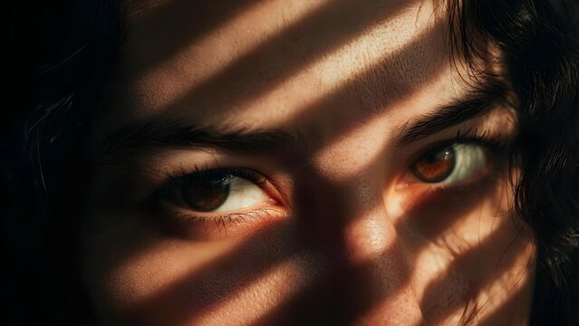 Close-up of a person’s face with brown eyes, sunlit stripes cast by window blinds across the cheeks and nose. Concept Close-up portrait, Brown-eyed gaze, Sunlight through blinds - Powered by Adobe