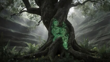 Fototapeta premium Lush forest scene with large tree bearing glowing green Celtic-inspired art. Sunlight filters