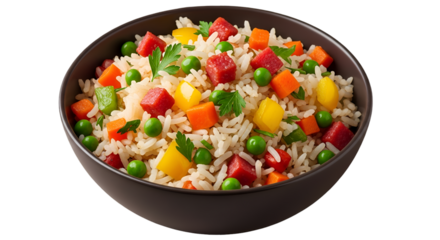 Bowl of colorful fried rice with vegetables and meat