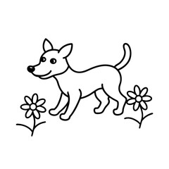 a puppy running through a field of daisies