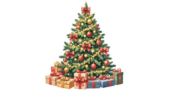 Vector illustration of beautifully decorated christmas tree with presents underneath