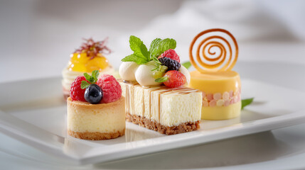 Elegant Dessert Platter: A tempting array of exquisitely crafted mini-desserts arranged artfully on a pristine plate, showcasing a symphony of flavors and textures